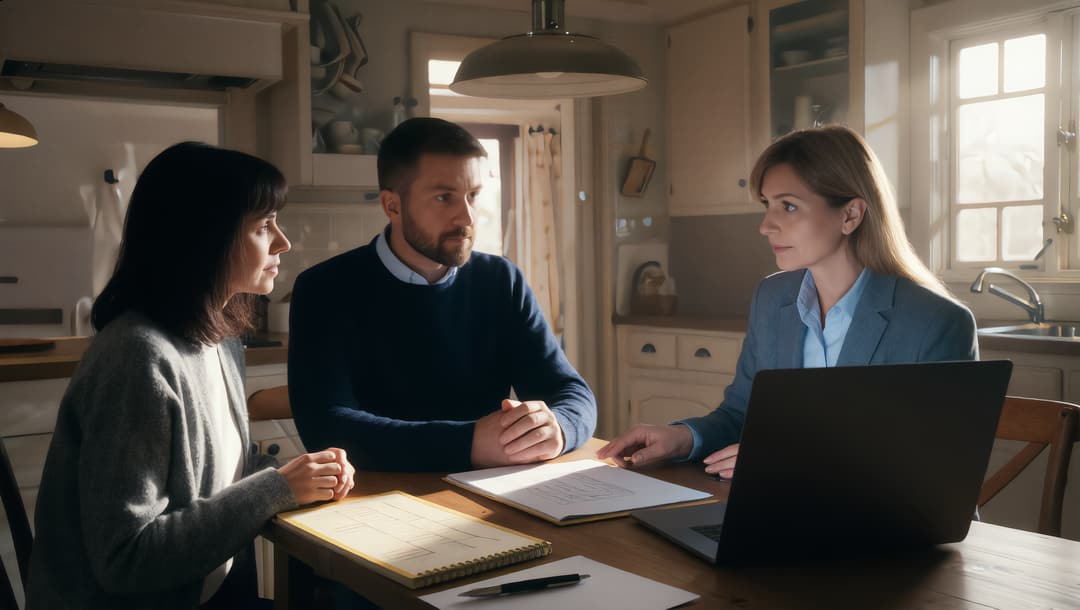 An advisor going over paperwork with a couple at their kitchen table