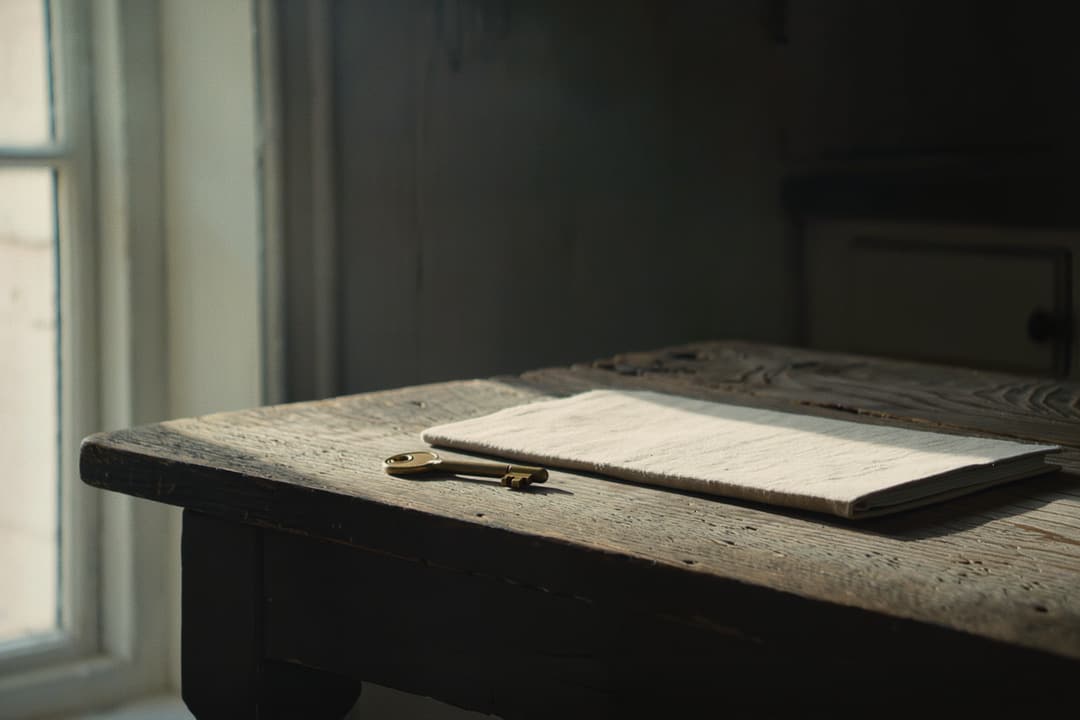 A house key resting beside a closed folder on a kitchen table in early light