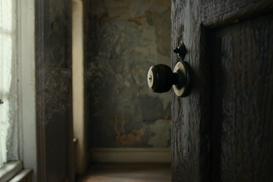 An old doorknob on a worn wooden door in a long-lived family home