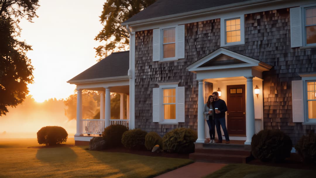 A couple standing at the front door of their home at sunrise