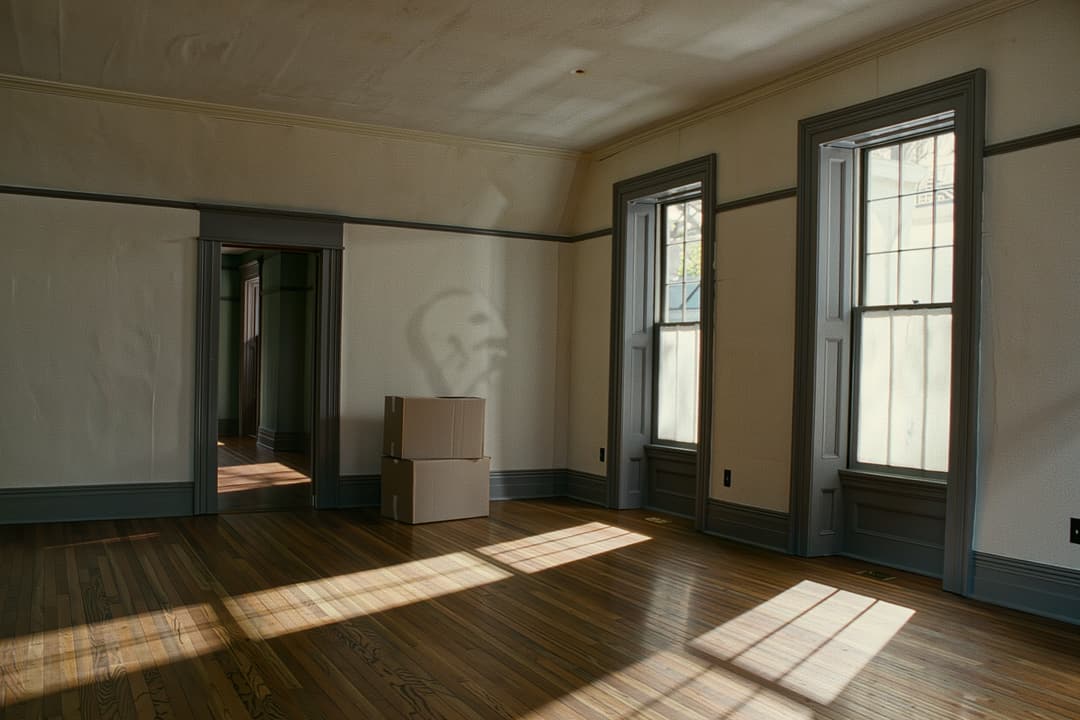 An empty, sunlit living room with two packed moving boxes by the doorway